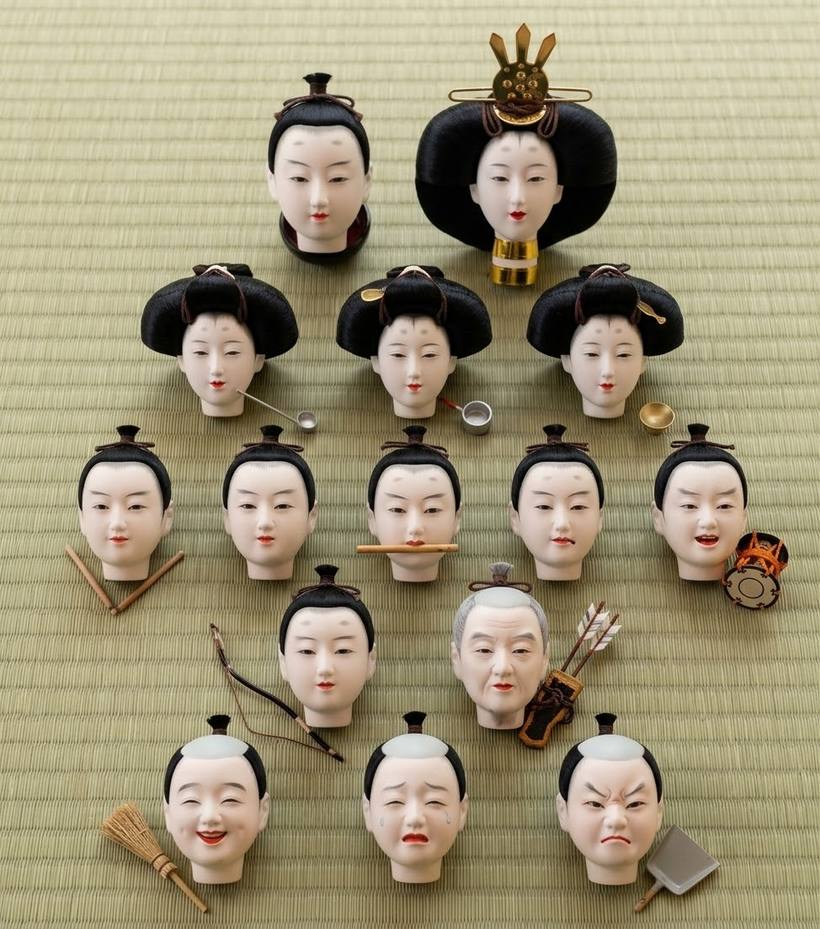 胴から外された人形の頭（かしら）が畳の上に並んでいる様子。頭だけでも査定できます